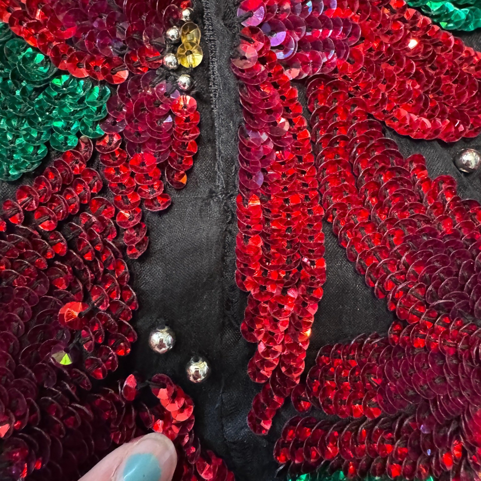 Laurence Kazar Vintage Silk Sequin Poinsettia Blouse Red Green Holiday Top Large