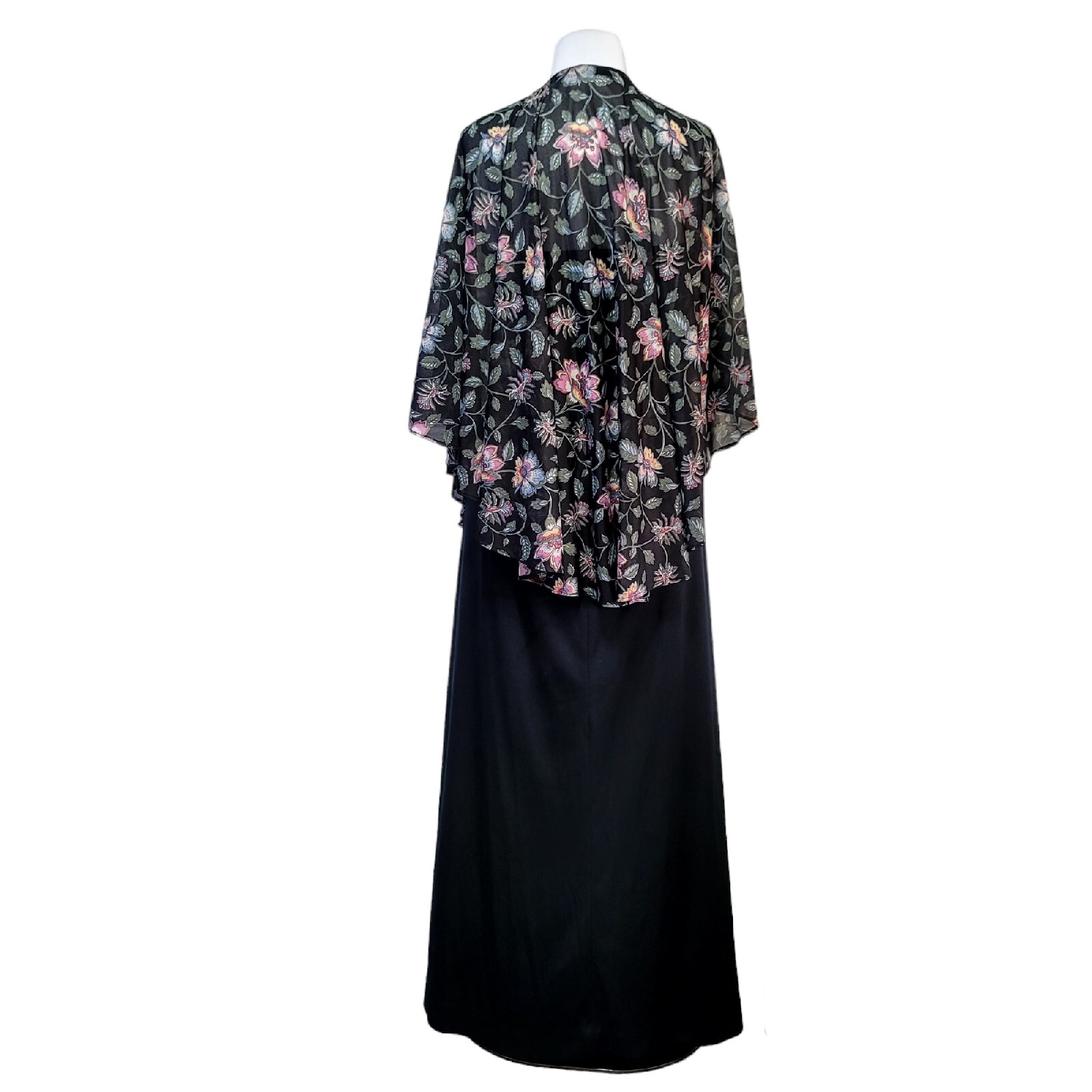 Vintage 70s Black Floral Capelet Disco Maxi Dress Pink Flower Accent Sleeveless
