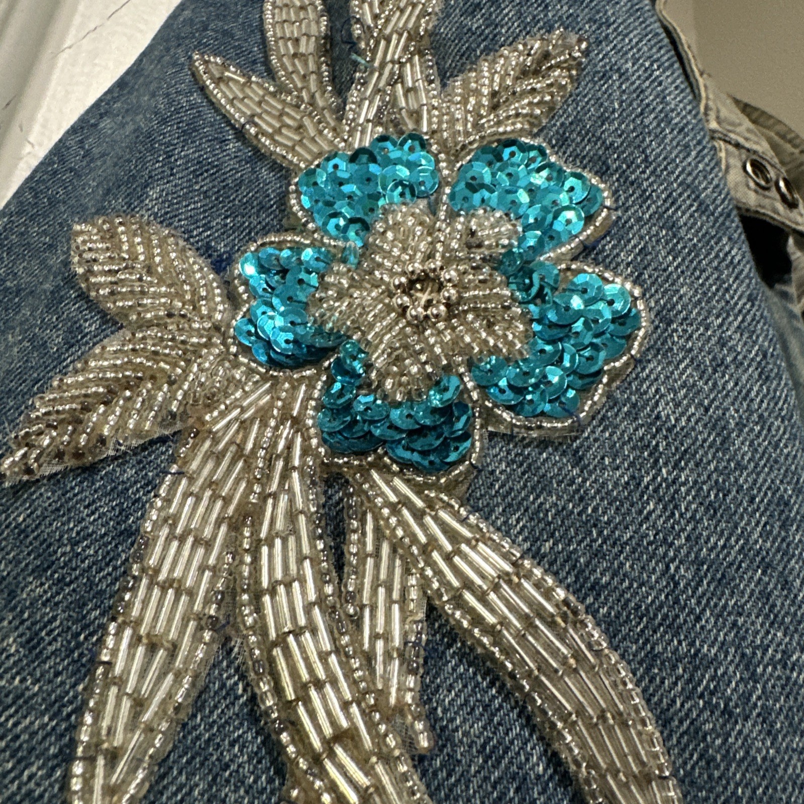 Vtg Mod Maid Denim Jacket Texas Bluebonnet Beaded Gold Fringe Western Cowgirl L
