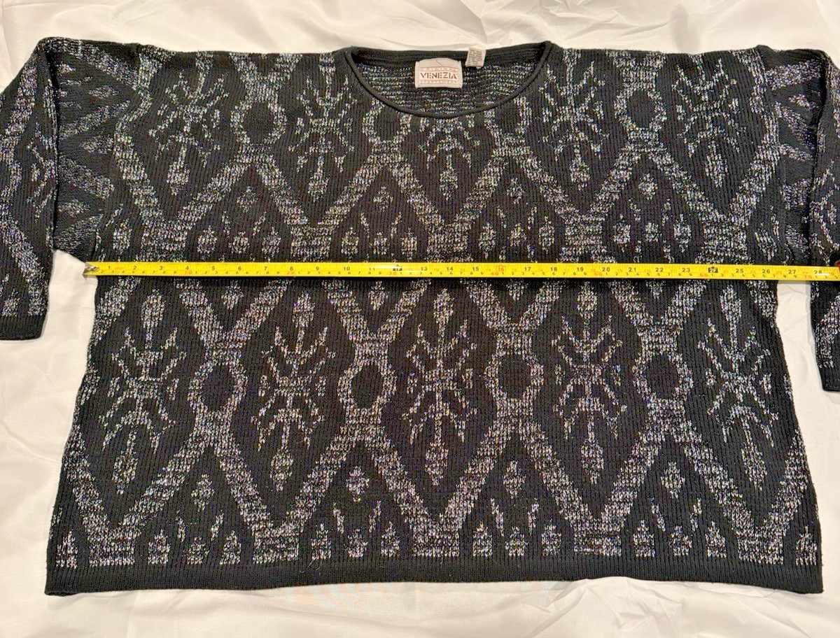 Vtg 80s Original Venezia Sportswear Women’s Geometric Black Silver Sweater 22-24