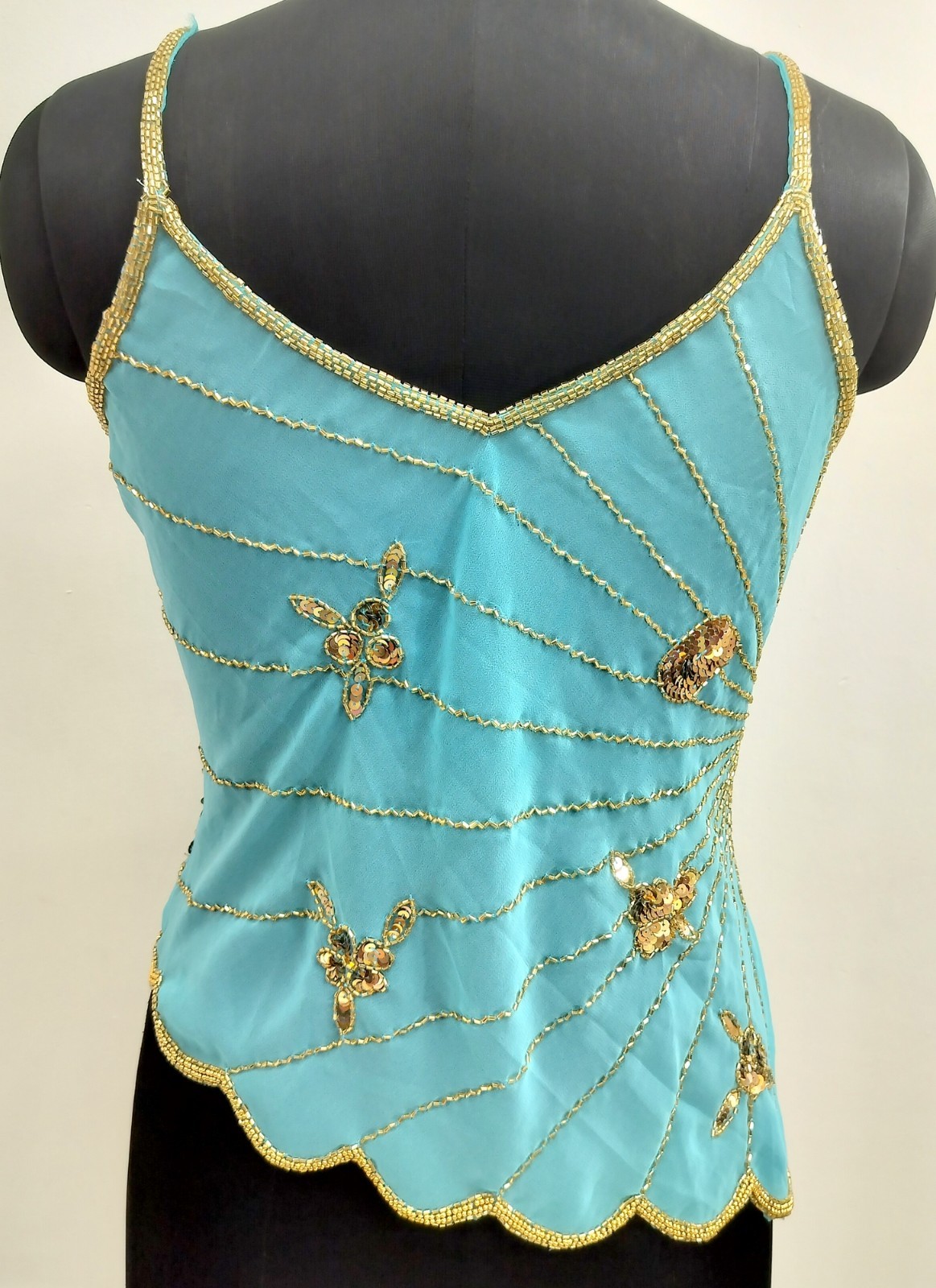 Vintage Y2K Bead Embroidery Costume Sequin Top Blouse Sheer Turquoise Gold Tunic
