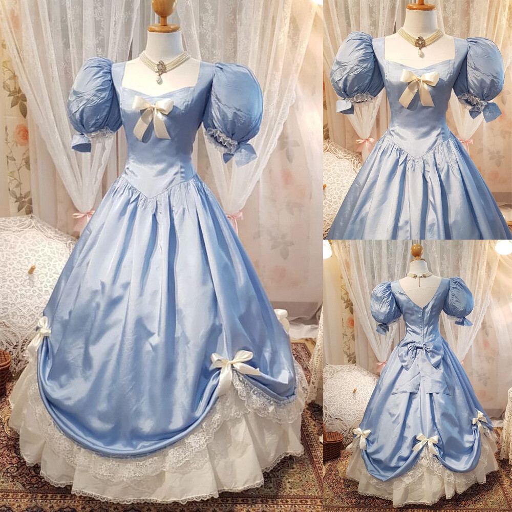 Vintage Blue Puff Sleeves Wedding Dresses Lace Appliques Satin Bridal Ball Gowns