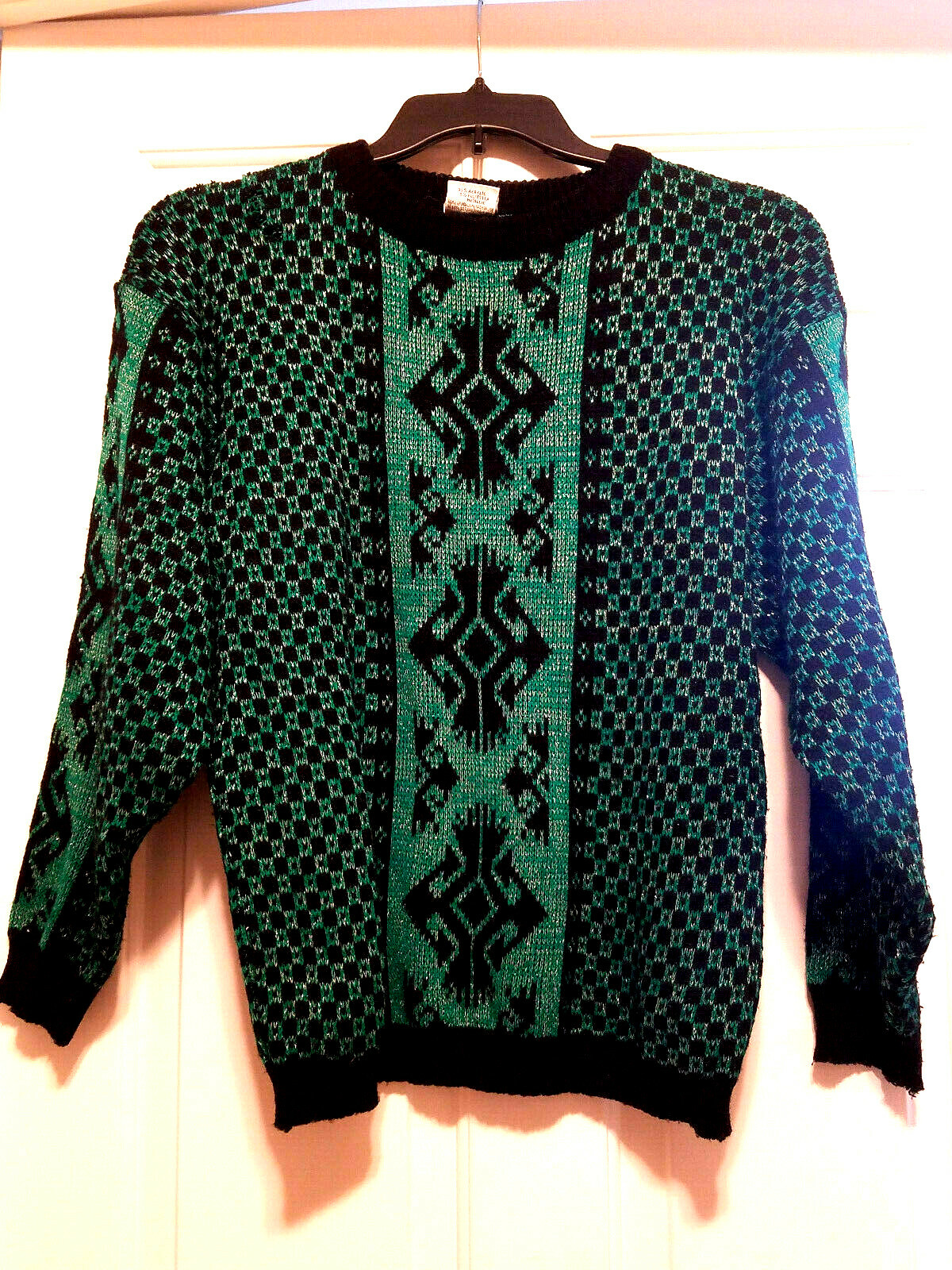 Vtg Ariana Black & Green Sweater w Metallic Silver Needs Repair Film Theater Lg