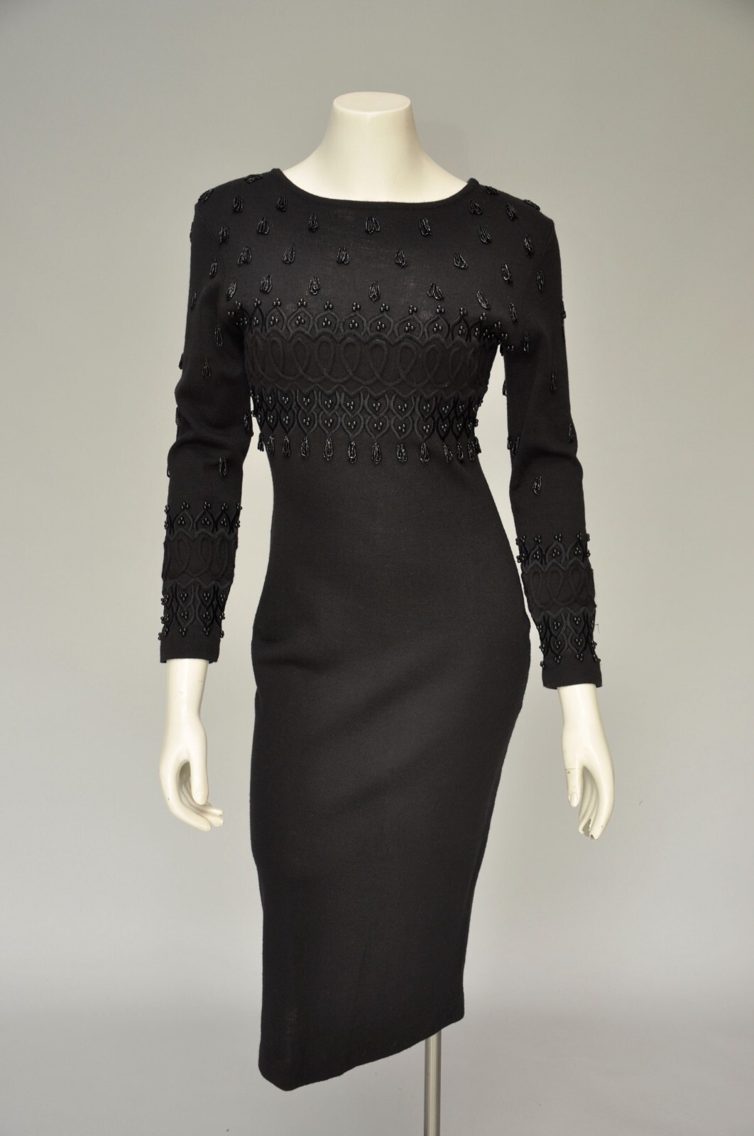 Vintage 1980s Black Body Con Sexy Lace Up Back Beaded Party Dress XS-M
