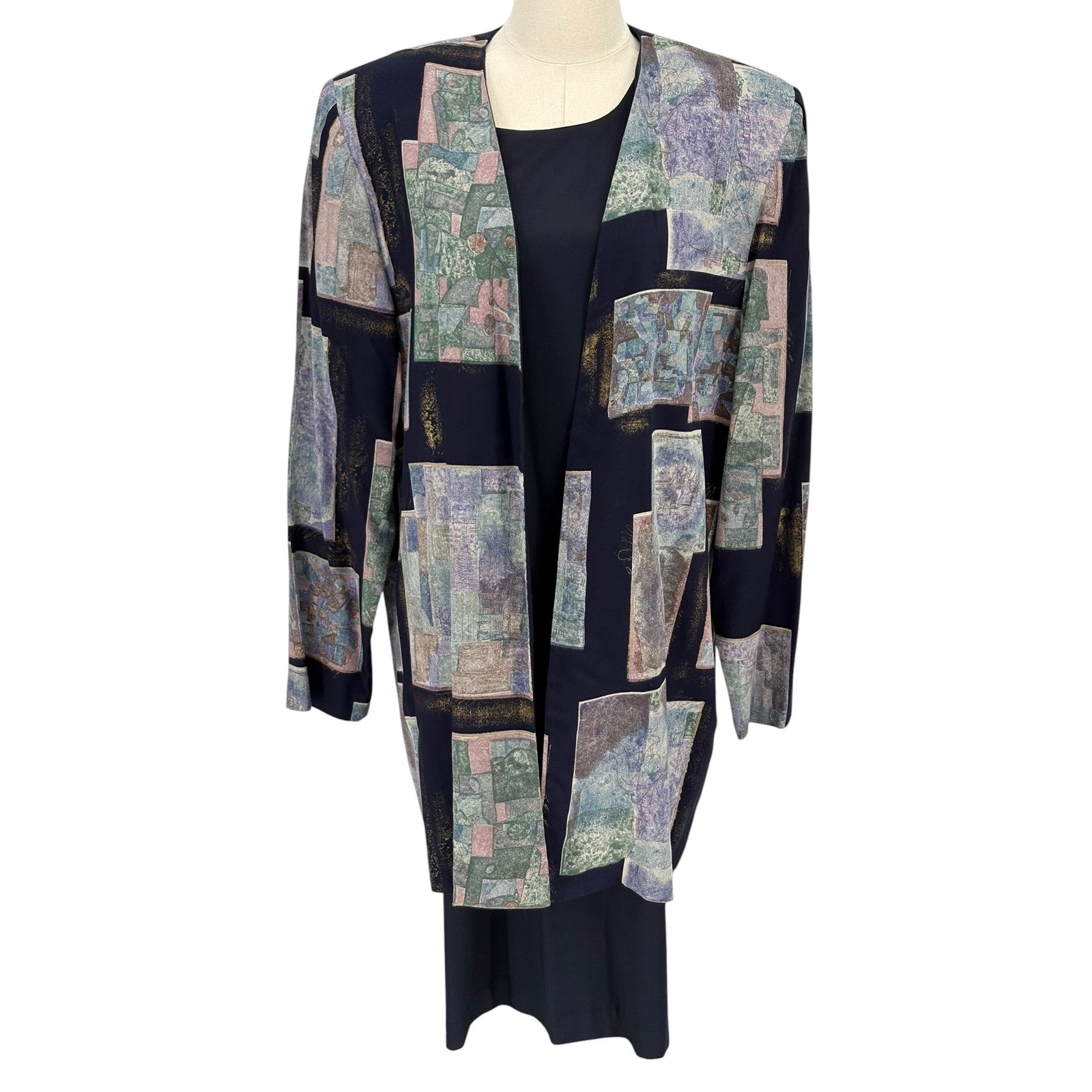 K.C. Spencer Vintage 2-Piece Dress Set Navy Abstract Gold 100% Rayon Size 12