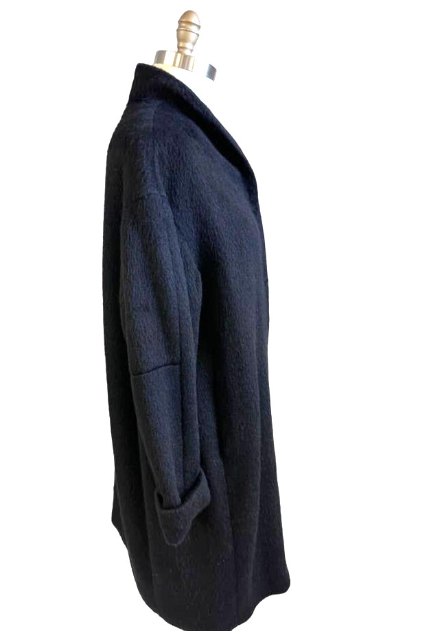 Marimekko Mollis Mohair Wool Blend Black Sack Coat Hidden Snap Pockets L