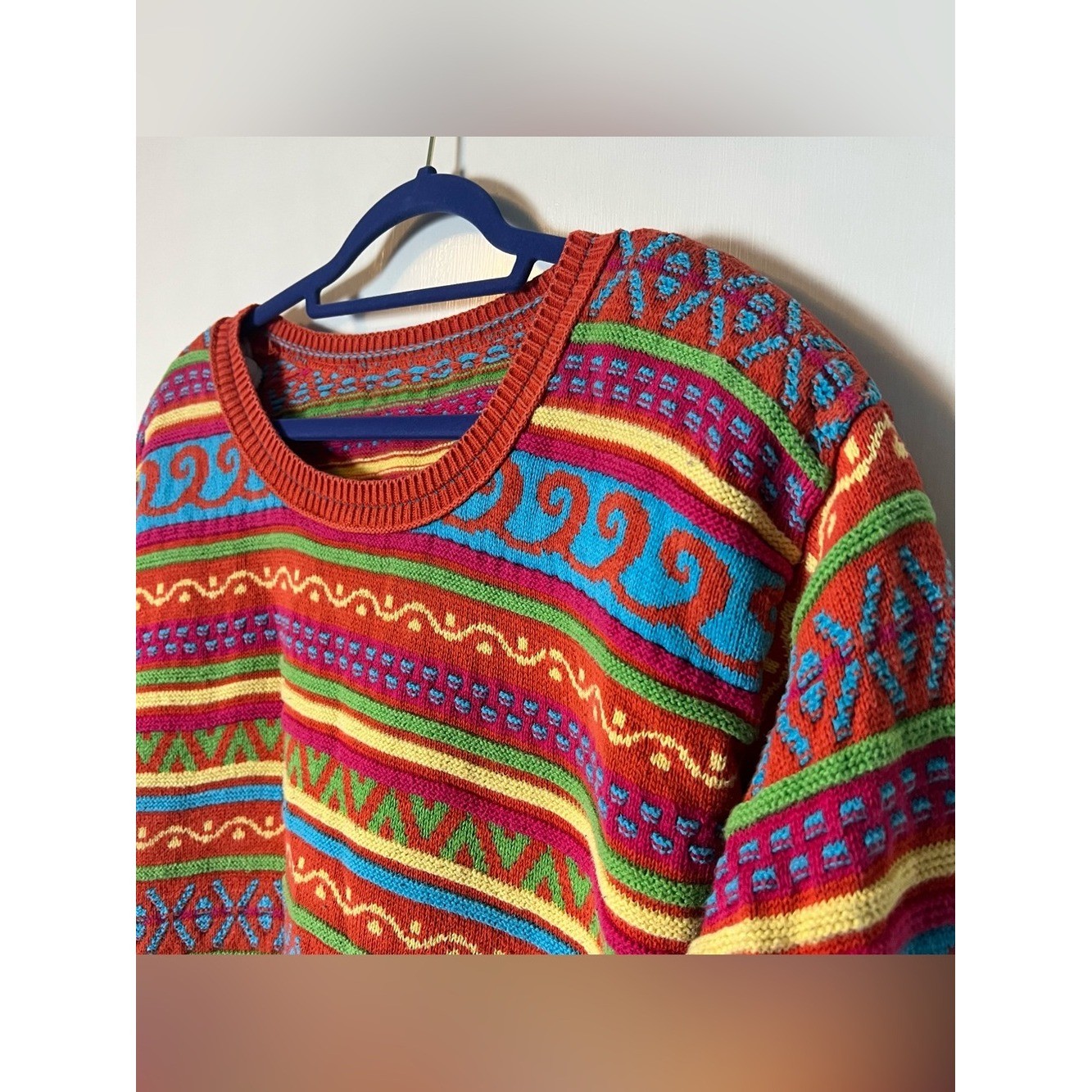 Vintage 80s Coogi Style Textured Multicolor Knit Sweater Shoulder Pads Sz M/L
