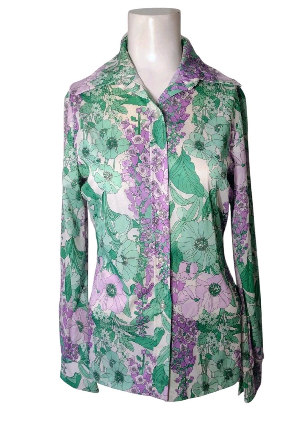 Vintage Jack Winter Floral Polyester Button Front Shirt S/M Disco Stretch Point