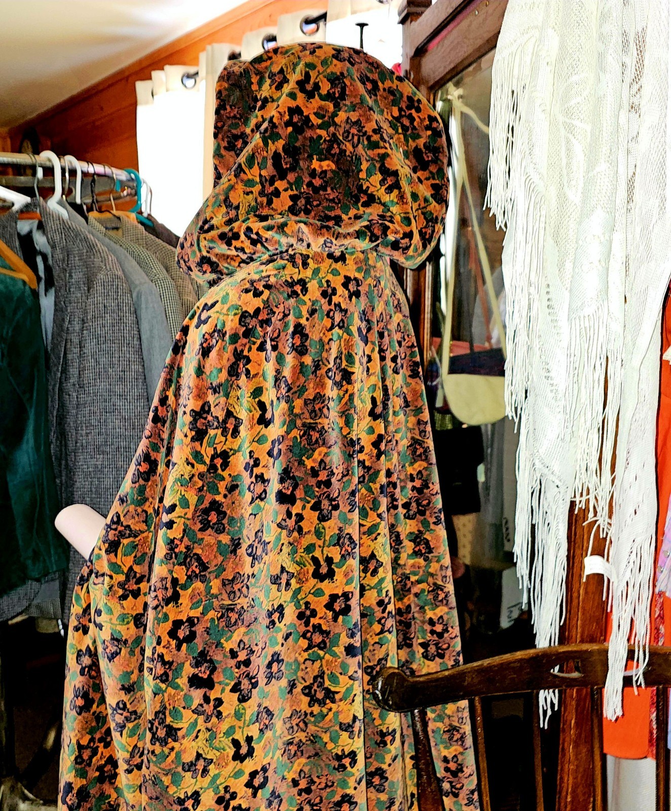 Velvet Vintage Autumn Patterned Handmade Skirt and Hooded Cape Ensemble