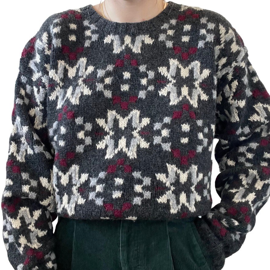 Vintage 1990s Embassy Row Hand Knit Snowflake Wool Chunky Overszied Sweater Sz L