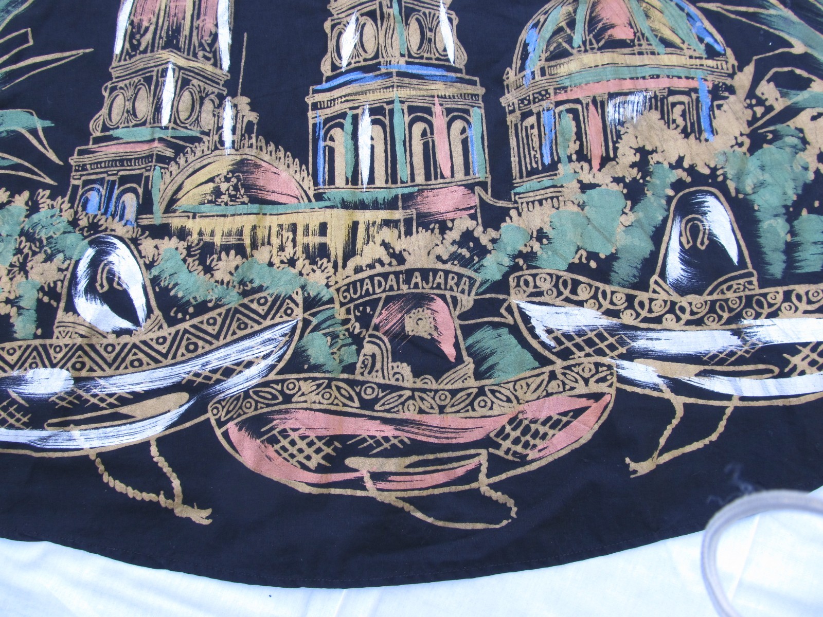 Hand Painted Circle Skirt Novelty Print Vintage Mexico Souvenir Modesty Midi