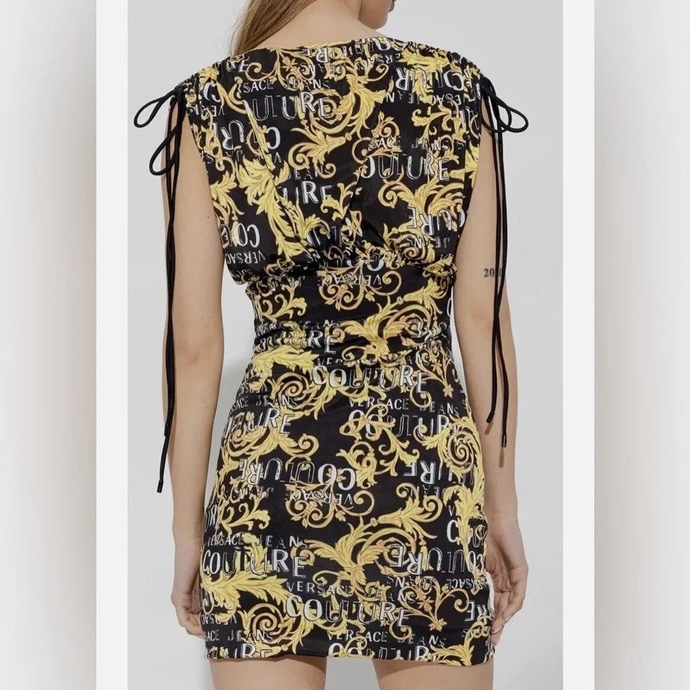 Versace Jeans Couture Logo Print Black and Gold Mini Dress Size 8