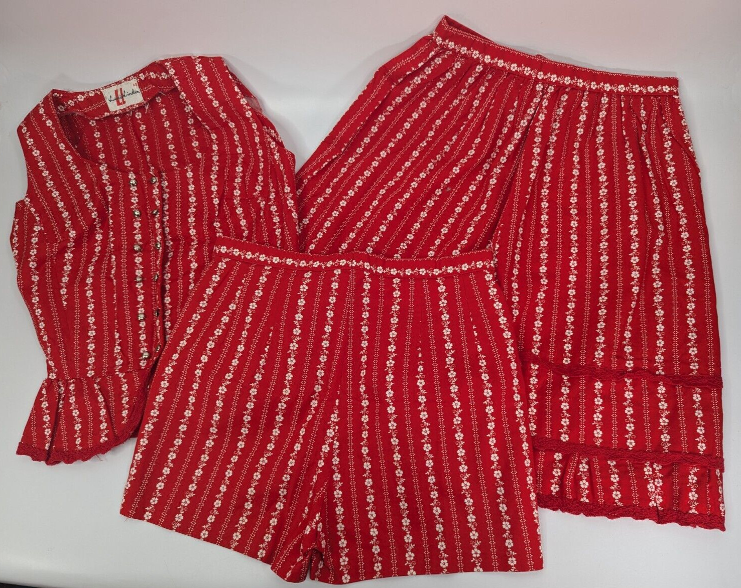 Vintage Lucie Linden Red Floral 3pc Vest Top Skirt Shorts Set Size 48