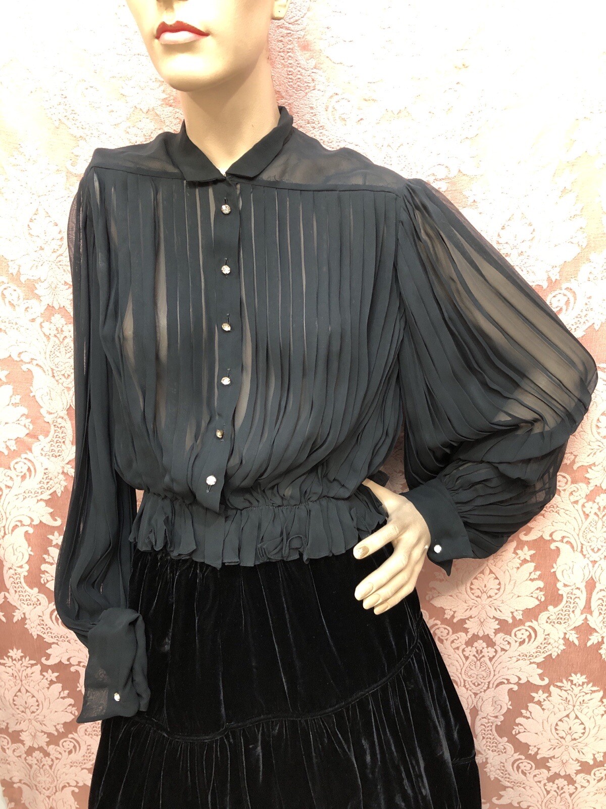 VTG 1940s „NEW LOOK” Chiffon BALLOON SLEEVE Cocktail Blouse & RAYON VELVET SKIRT