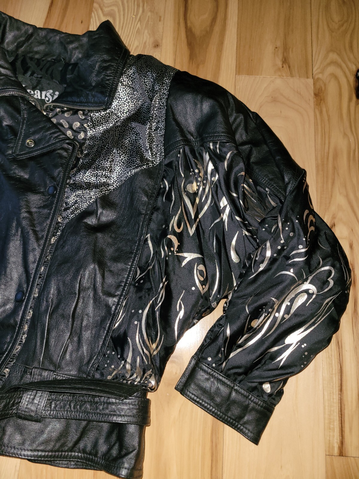 Vtg. Learsi Black gold metallic moto lined leather jacket Sz Medium 80’s belted