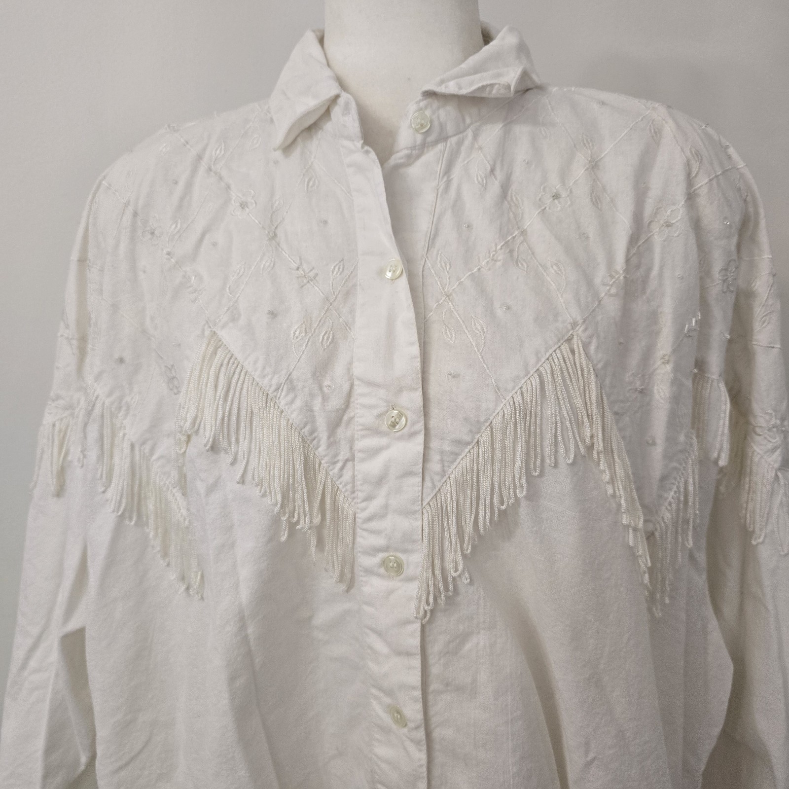 Vintage Bonjour White Button Top Fringe Embroidered Cowgirl Western Festival