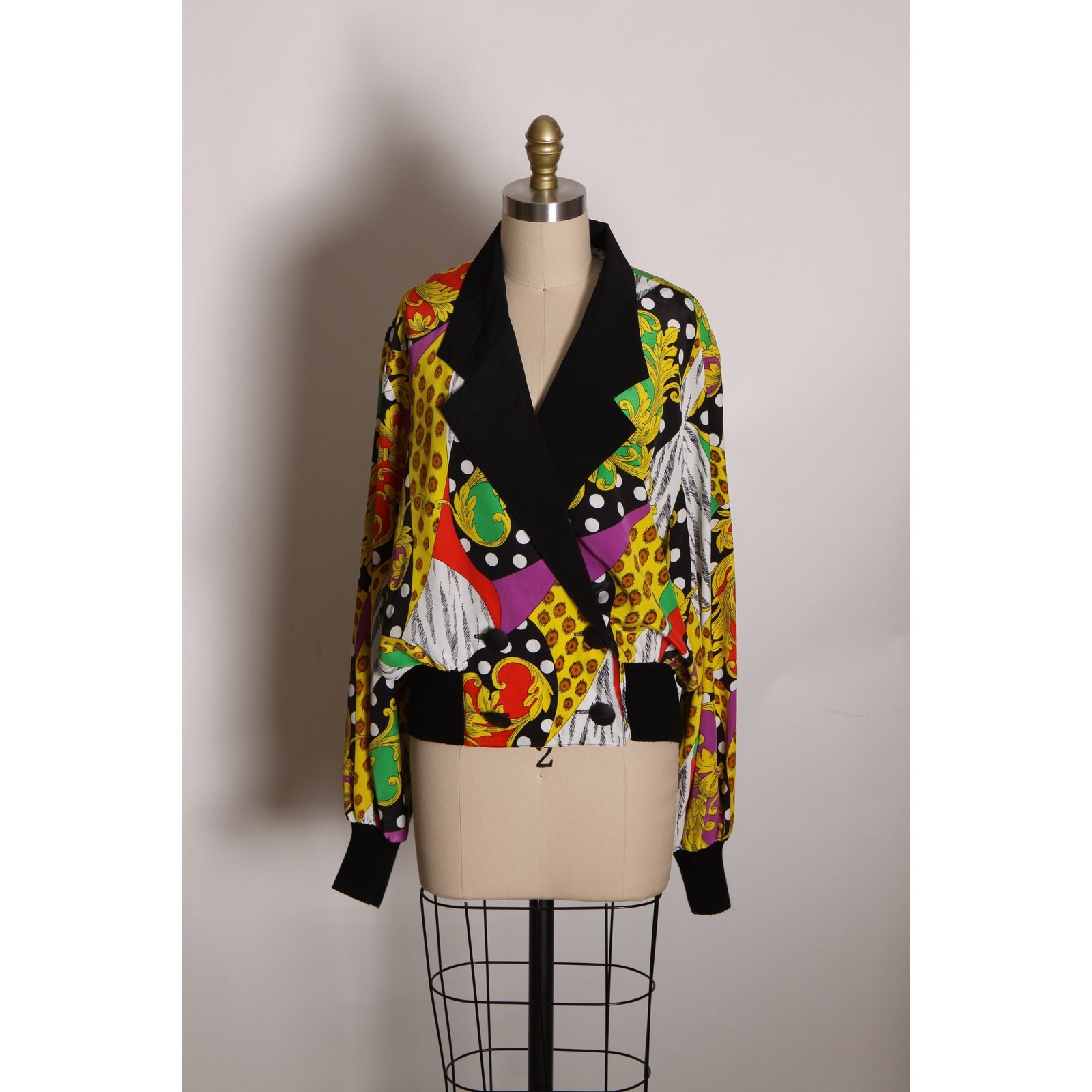 1980s Multi-Colored Long Sleeve Abstract Geometric Blouse by Caron
