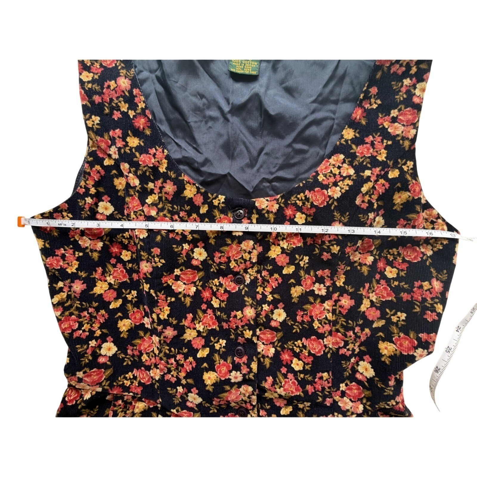 Charter Club Vtg Corduroy Floral Dress Navy Blue Button Cottagecore Country Chic