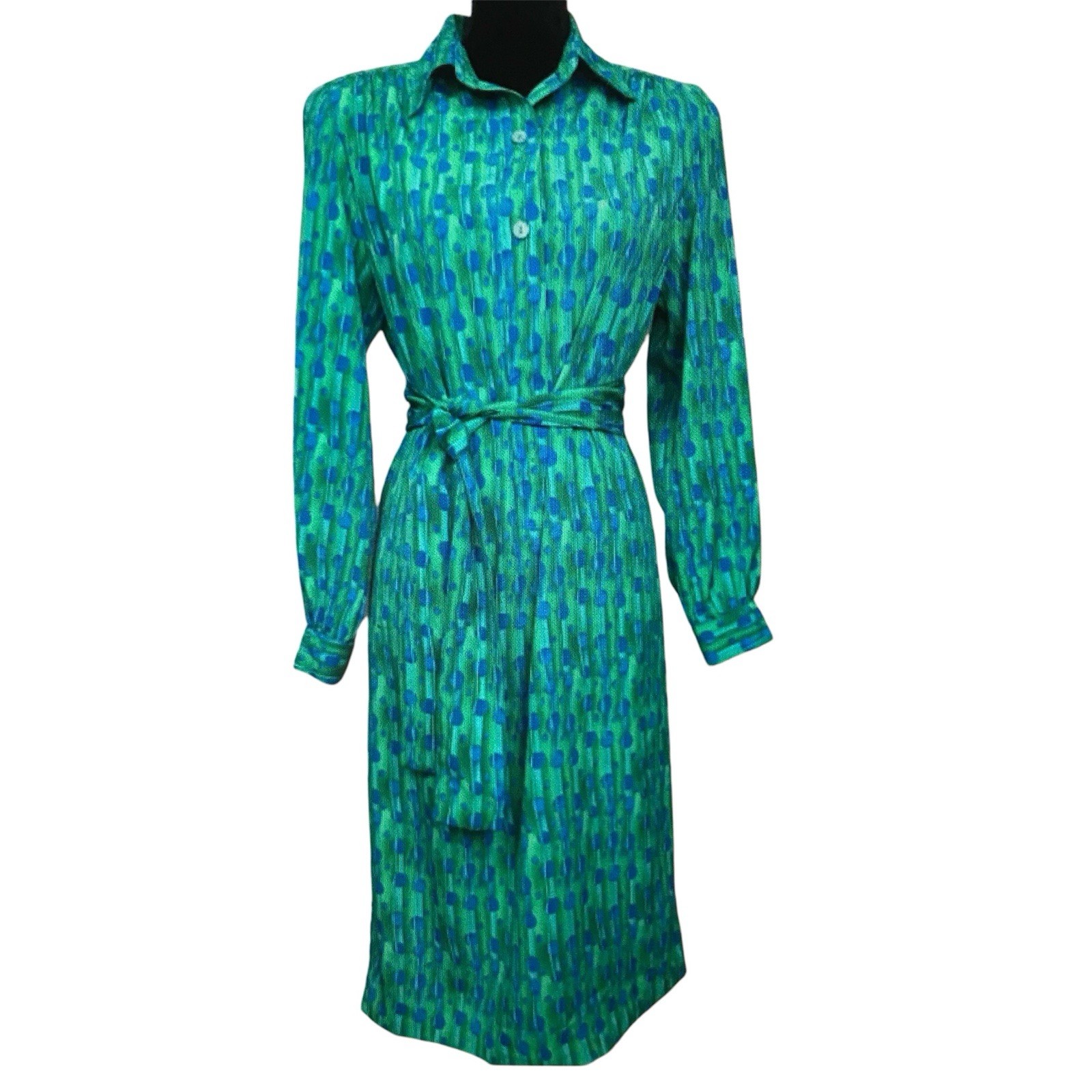 Vintage Dress Sz 10 Long sleeve Abstract Geometric Long Tie Belt Blue Green 70s