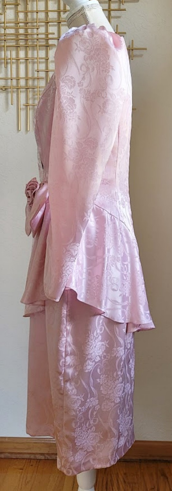 Vintage 80s Scott McClintock Pink Formal Dress 12 Gown Wedding Jacquard Peplum