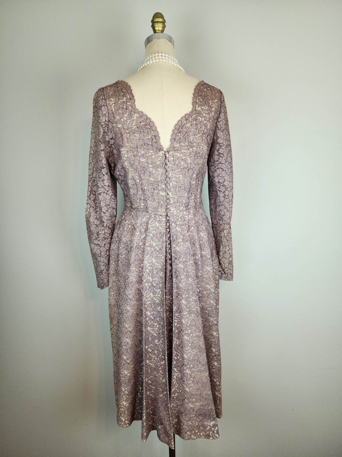 Vintage Late 1940’s Mauve Lace Over Champagne Satin Cocktail Dress with Godet