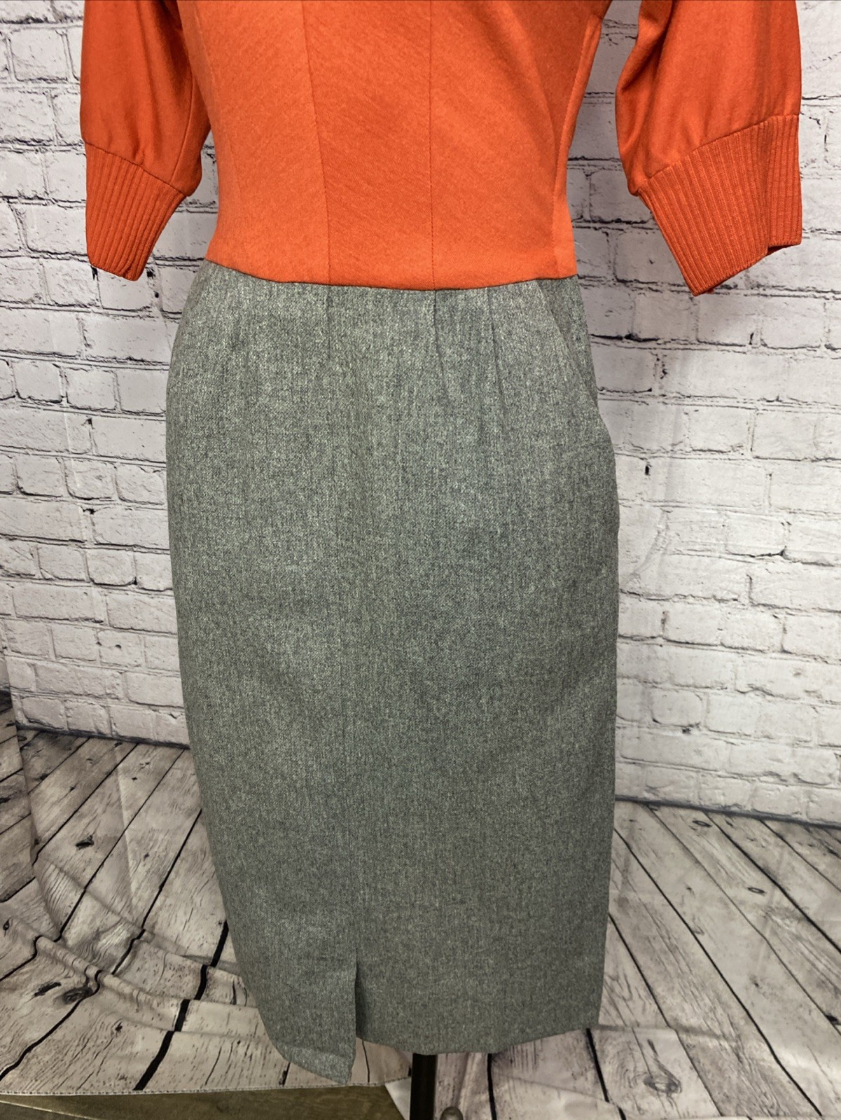 Vtg 60s Mod Marion McCoy Wool Orange Dress 3/4 Sleeve MIDI Pencil Secretary