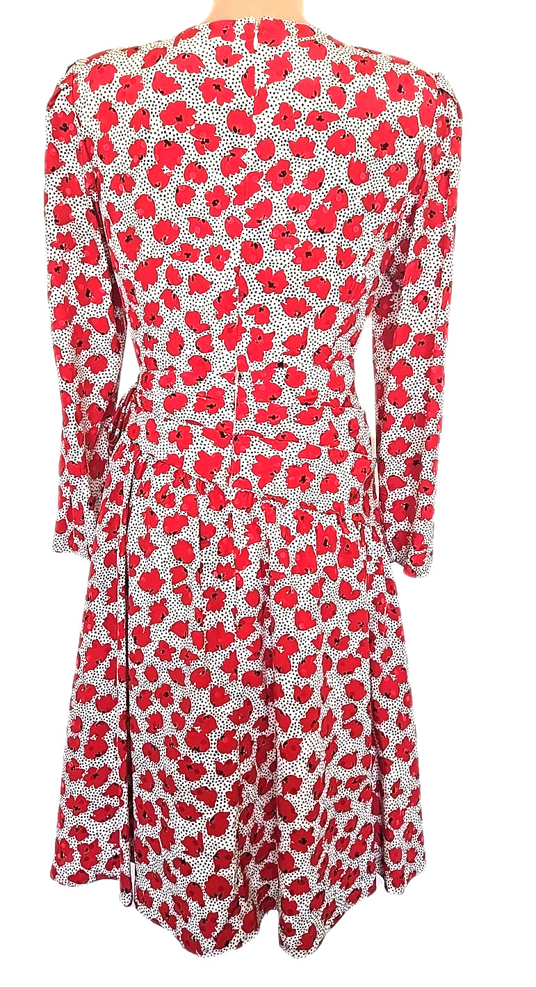 Vintage Hanae Mori Boutique side bow S Midi Dress Red White Black dots Floral