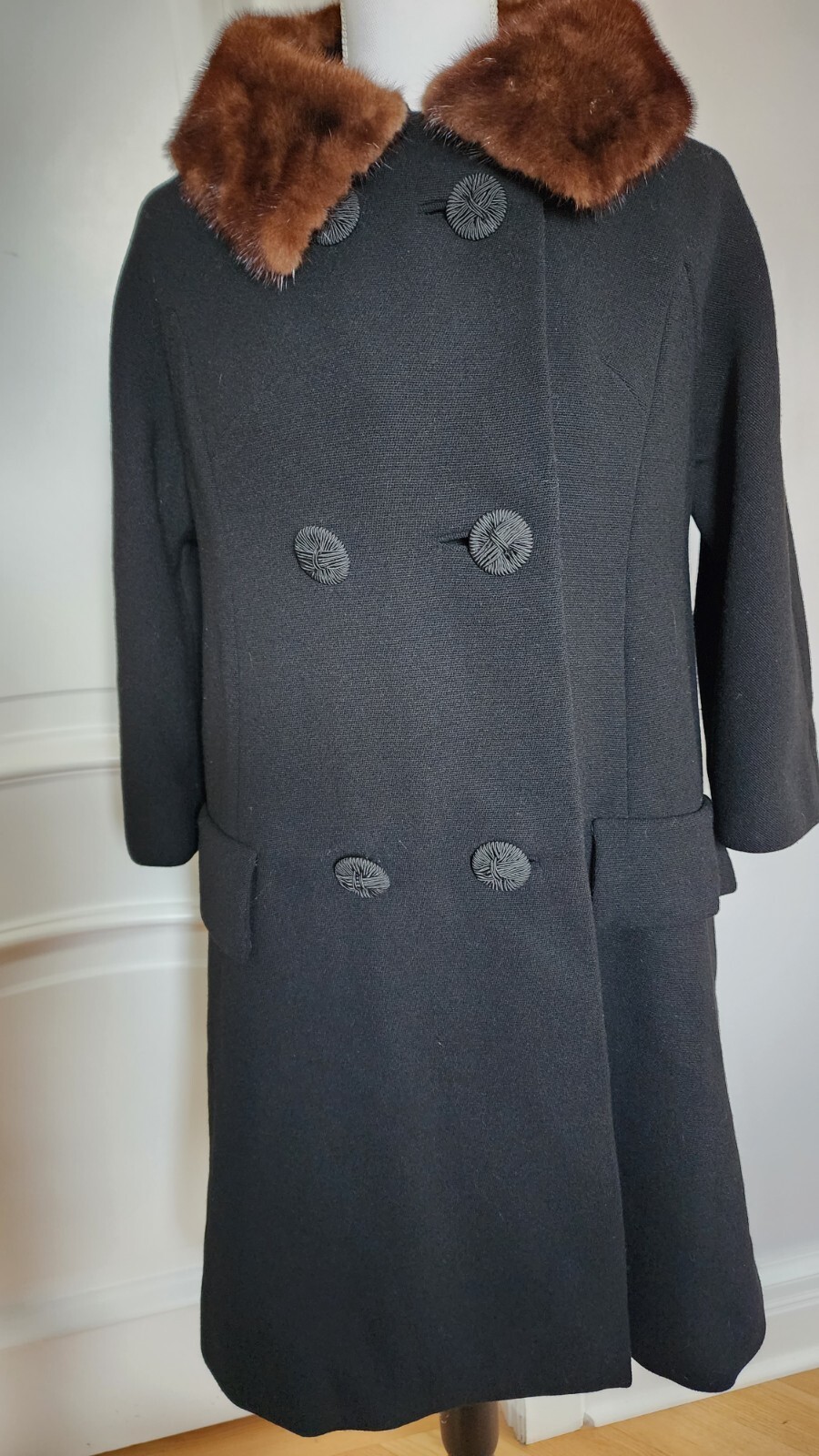 50s Vintage Black Wool Coat w Mink Collar S/M HIRSCH Chicago VASSAR CREATION
