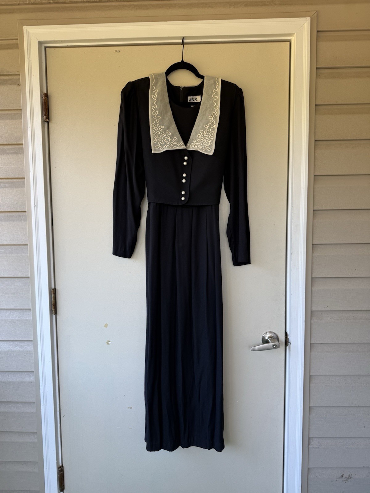 Vintage J.B.S. LTD Black Maxi Dress Long Sleeve White Embroidered Collar 80s 90s