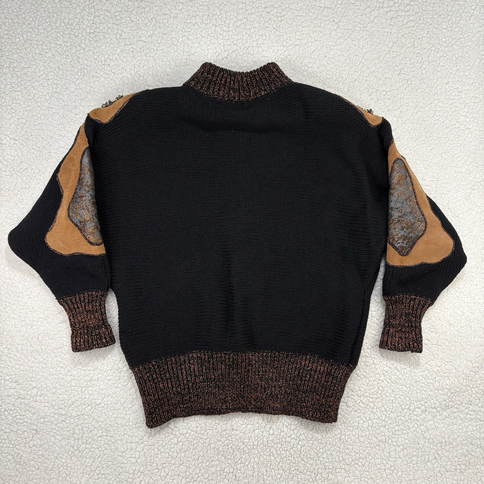 Vtg 80s Christine Knit Jacket Zip Sweater Embellished Beaded Suede Wool Tassels