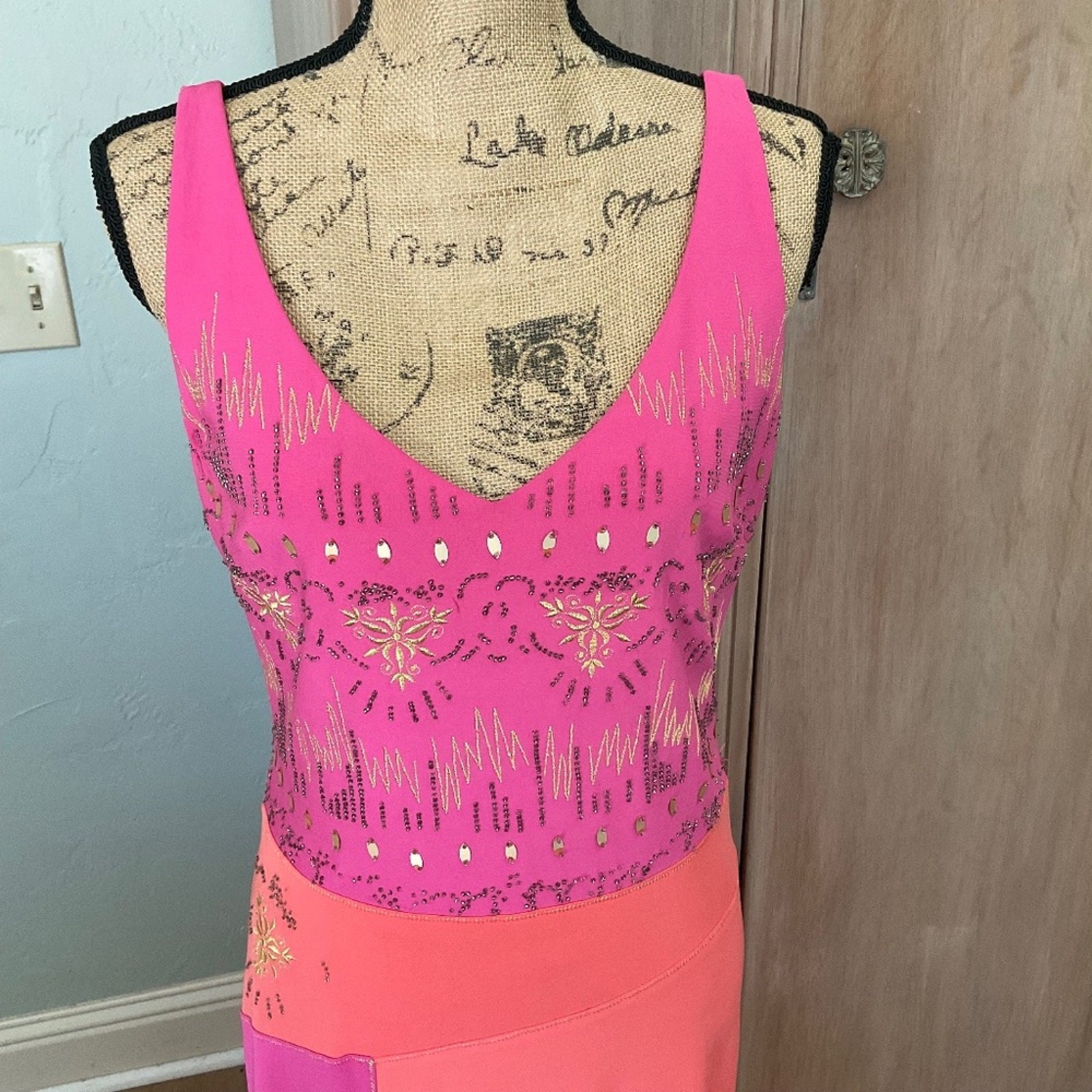 Vtg 90s Y2K Christyne Forti pink orange Gold Beaded embellished bias maxi dress