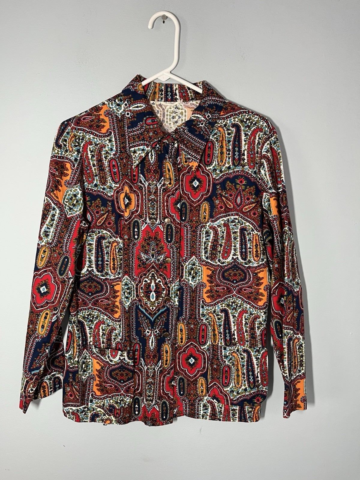 Vintage 1970’s Dagger Collar Cotton Moroccan Exotic Paisley Print Shirt M