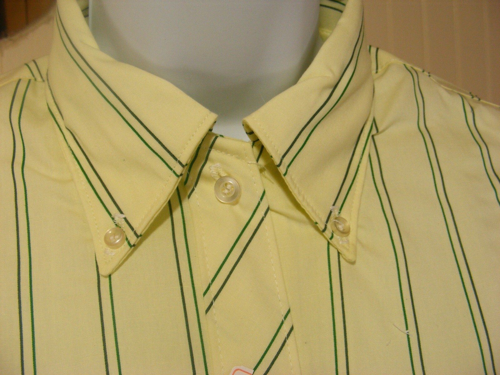 60s SHIRT DRESS BUTTON UP RAYON COTTON DEADSTOCK LEMON YELLOW GREEN STRIPE M
