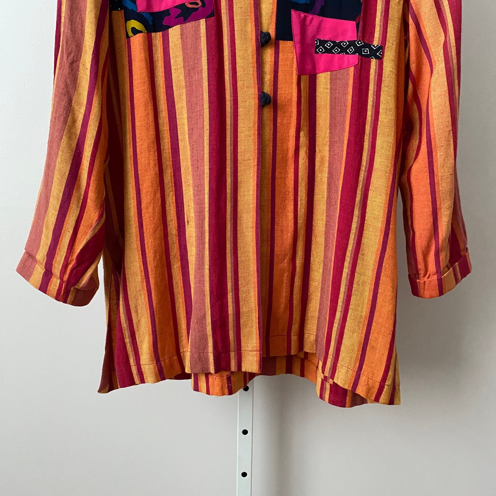 Vintage OS Orange Striped Button Front Shirt Patchwork Artistic Blouse