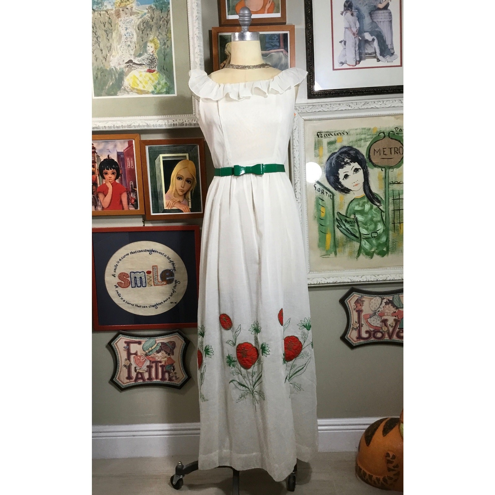 Frances Brewster 1970s Summer Maxi Dress Swiss Dot Rayon Floral Print Ruffles
