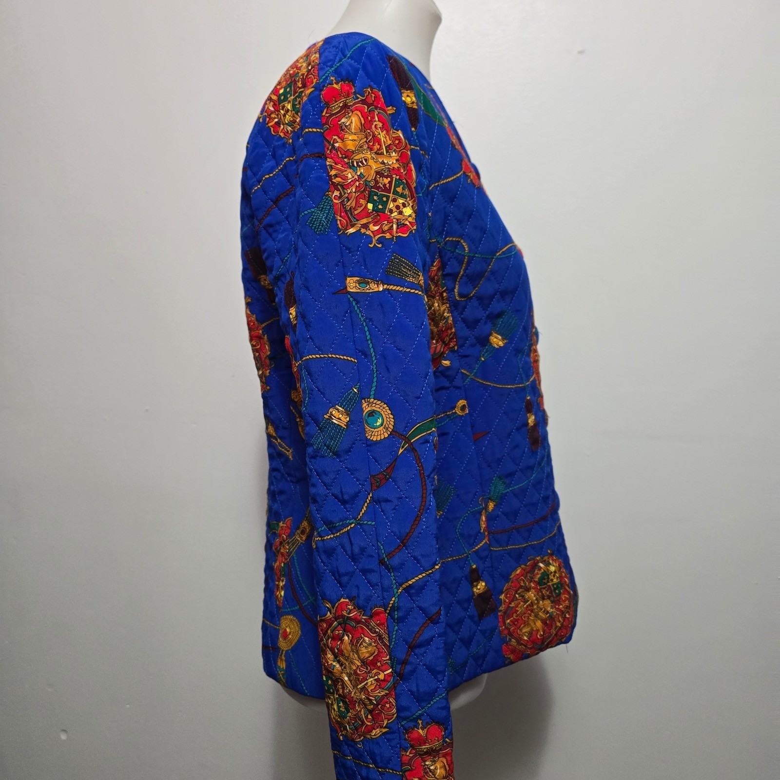Tanner Vintage Quilted Jacket Royal Blue Equestrian Crest Print Size 6 Made