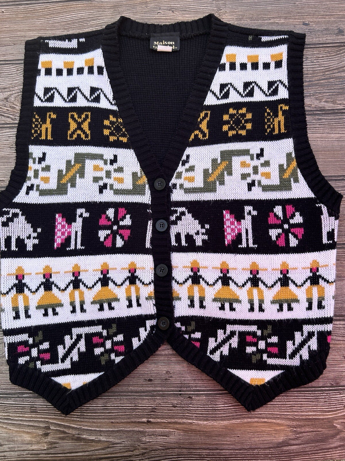 Vintage Artsy Women’s Maison Gabriel Sweater Vest Folk Art Made In USA Sz M