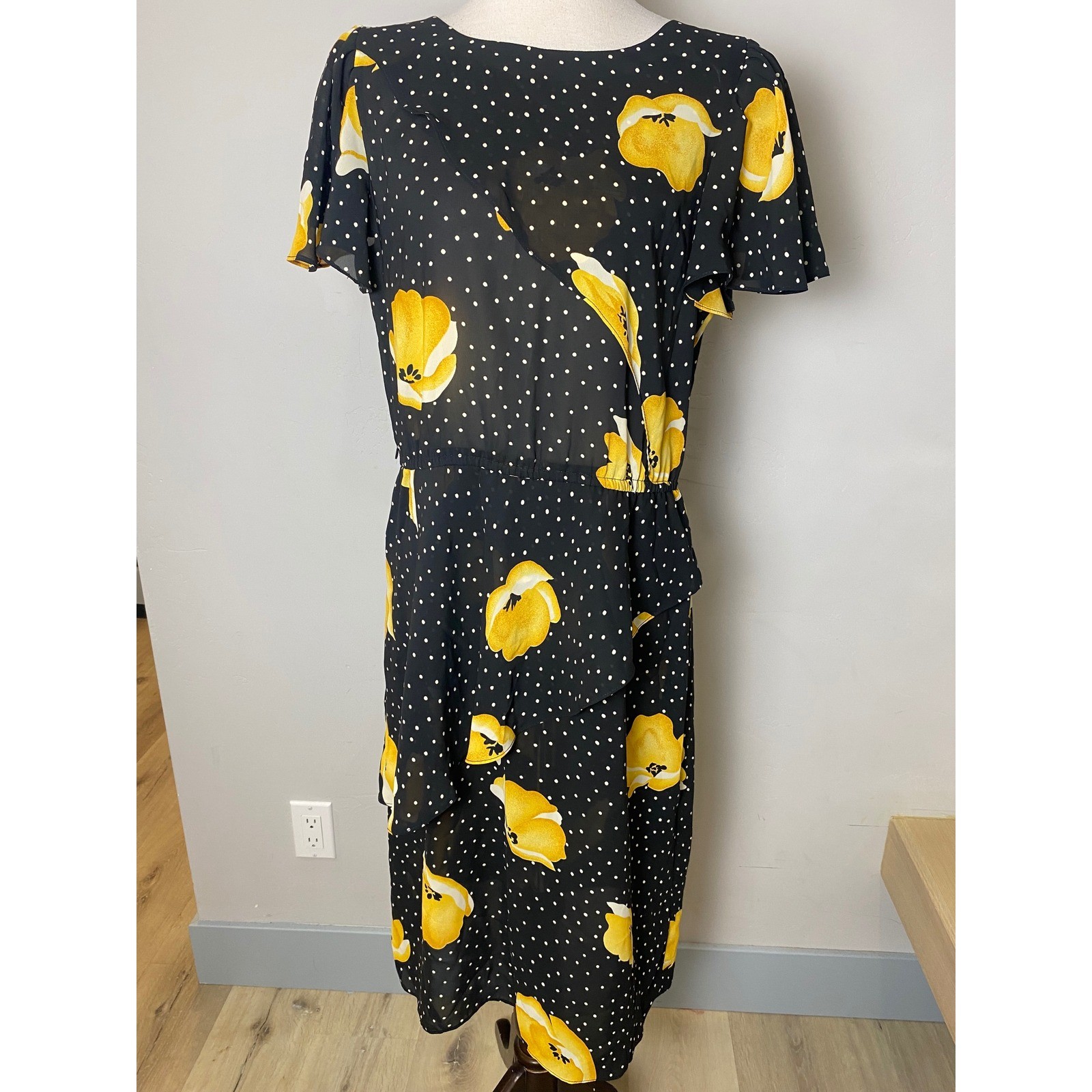 Vintage Items California 70s Black Polka Dot Yellow Floral Flutter Sleeve Dress