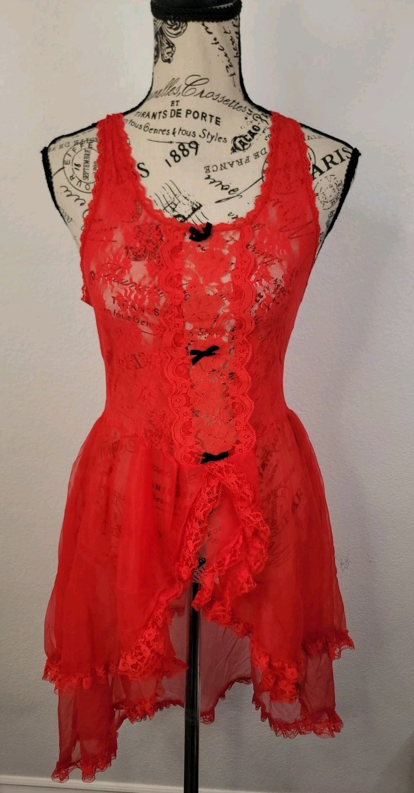 Vtg Stroke of Midnight Red Chemise L Sheer Lace Lingerie Coquette Babydoll USA