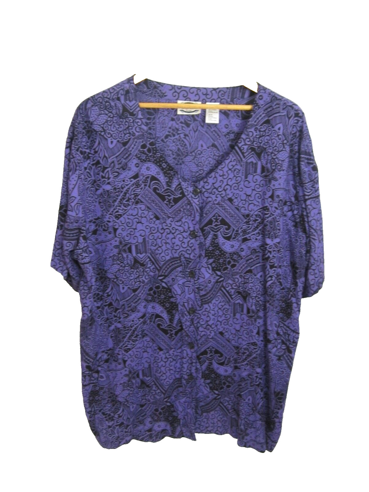 Vtg Separate Issue Woman Plus 24W Purple Black Floral SS Rayon Shirt V Neck 54″