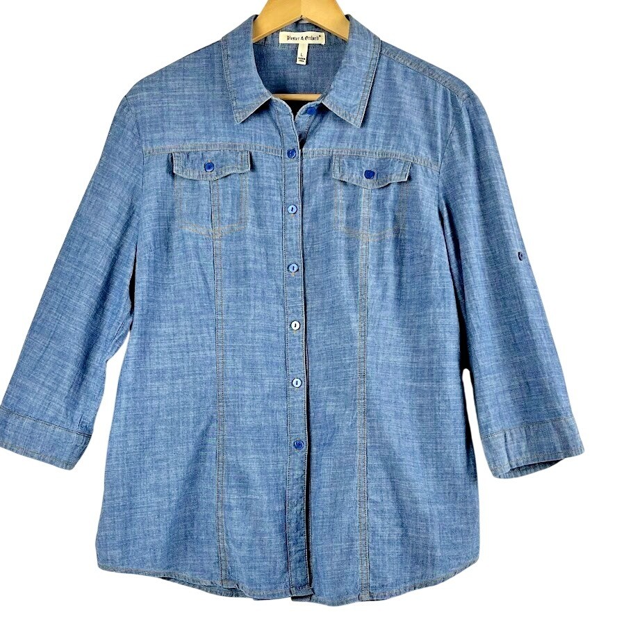 Hester & Orchard Chambray Denim 3/4 Sleeve Button Up Blue Jean Shirt Women’s L