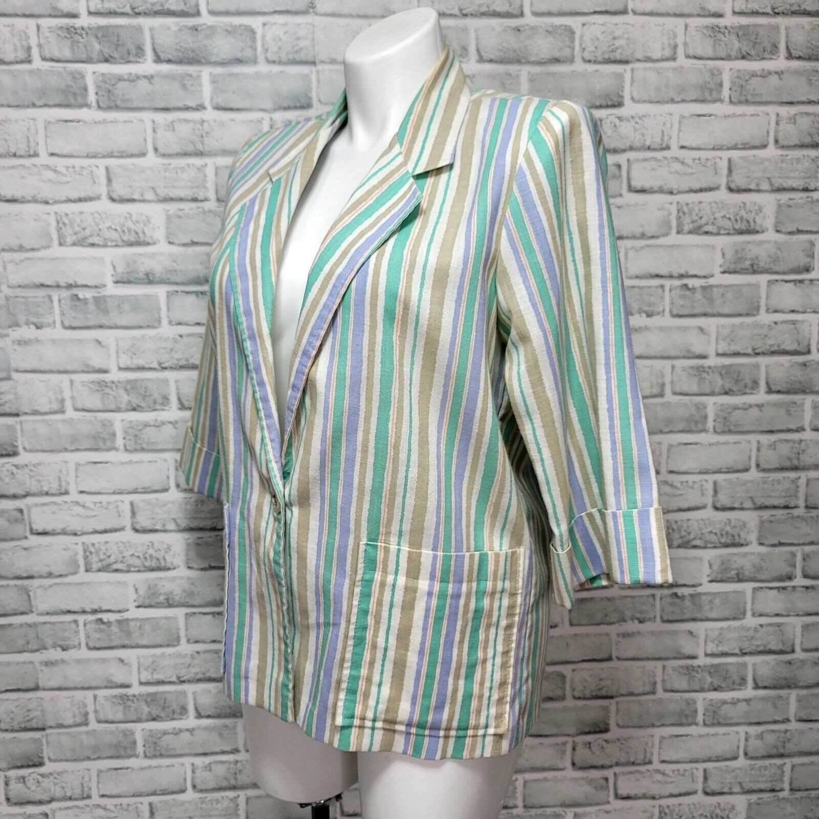 Cape Cod Match Mates Womens 16 Striped Linen Blend Blazer Jacket Made USA
