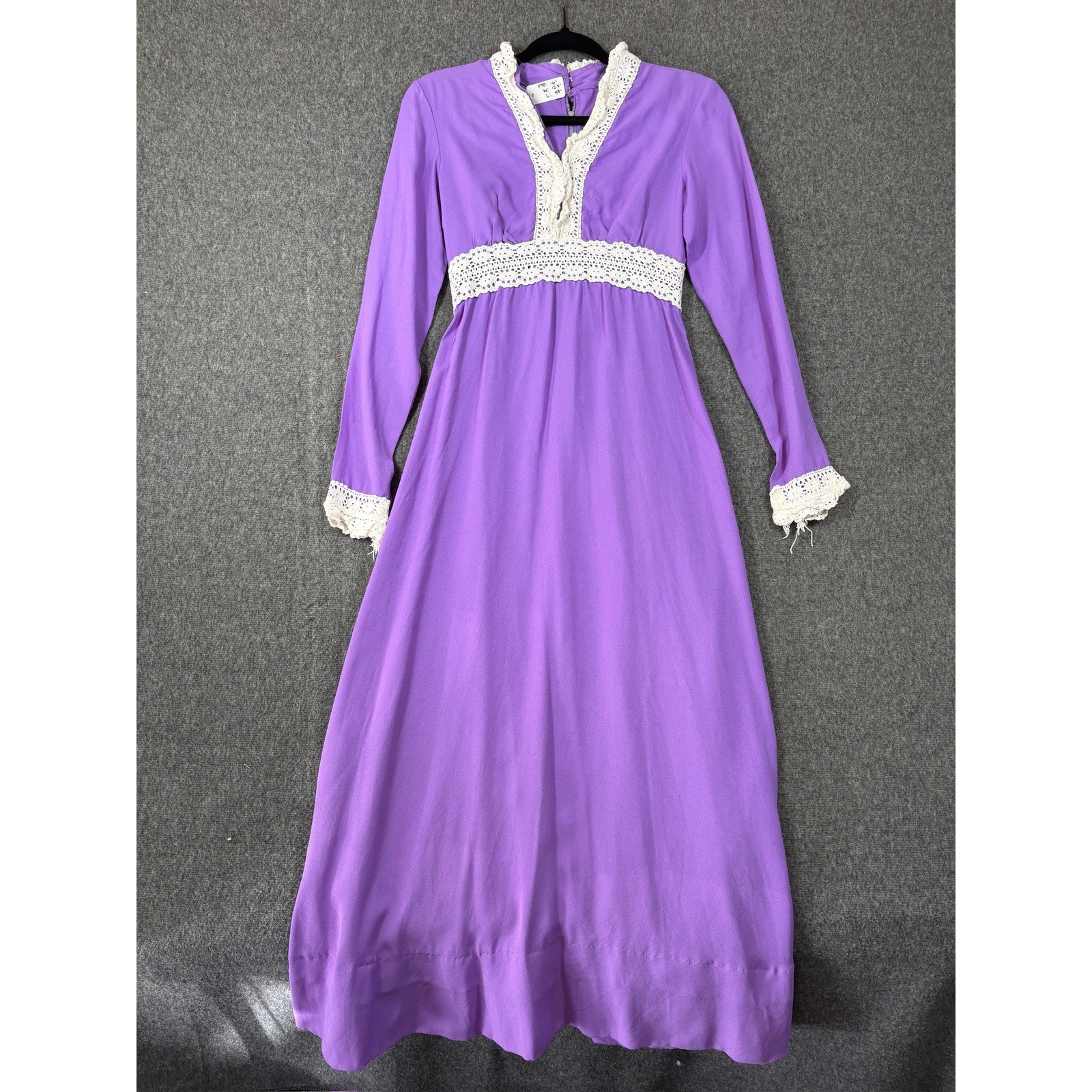Vintage 70s Purple Empire Waist Maxi Dress Crochet Lace Trim Long Sleeve Gown
