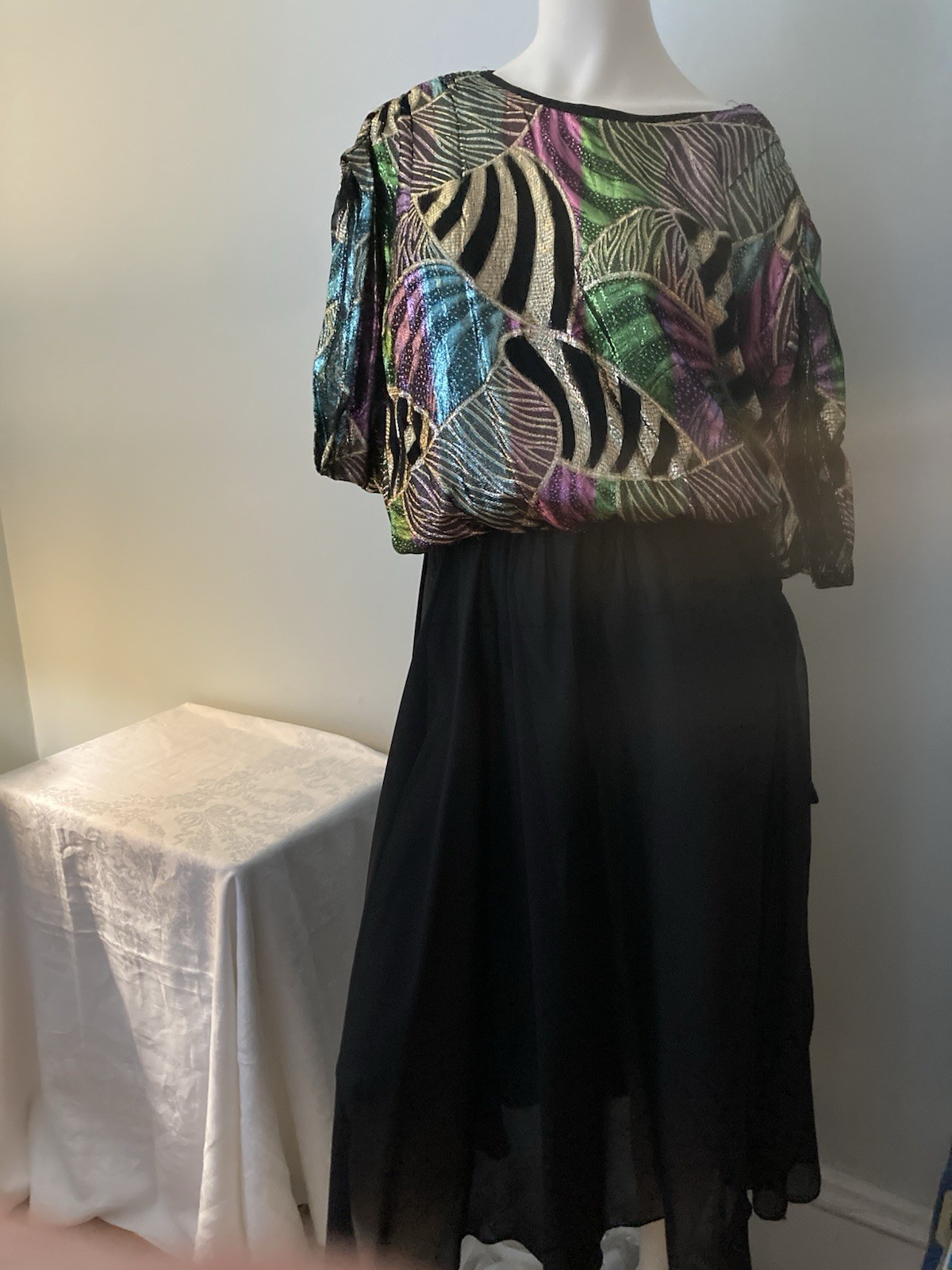 Vintage 80s Disco Glam Black Sheer Rayon Metallic Cocktail Party 11/12