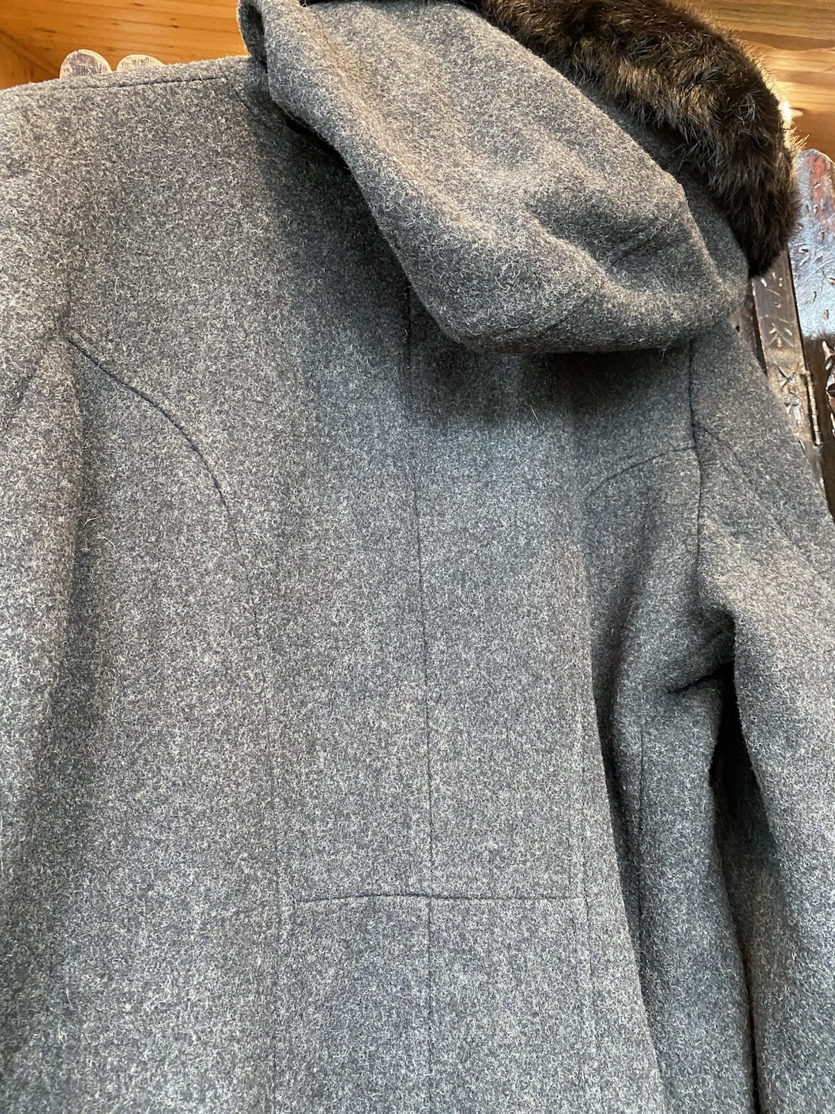 VTG Donnybrook 100% Wool Gray Maxi Coat Womens M Hooded Real Fur Opera