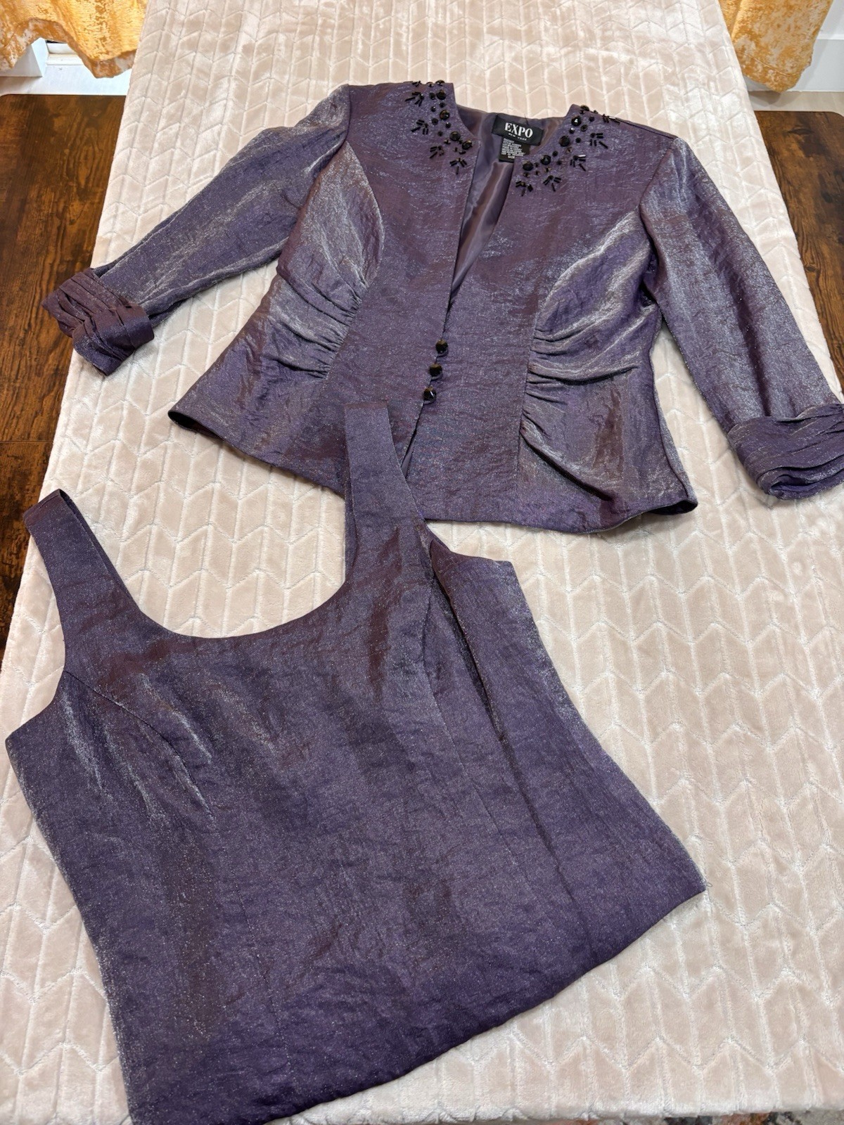 VTG 90s EXPO Purple Beaded 2pc Blazer Set S Whimsigoth Office Siren Formal
