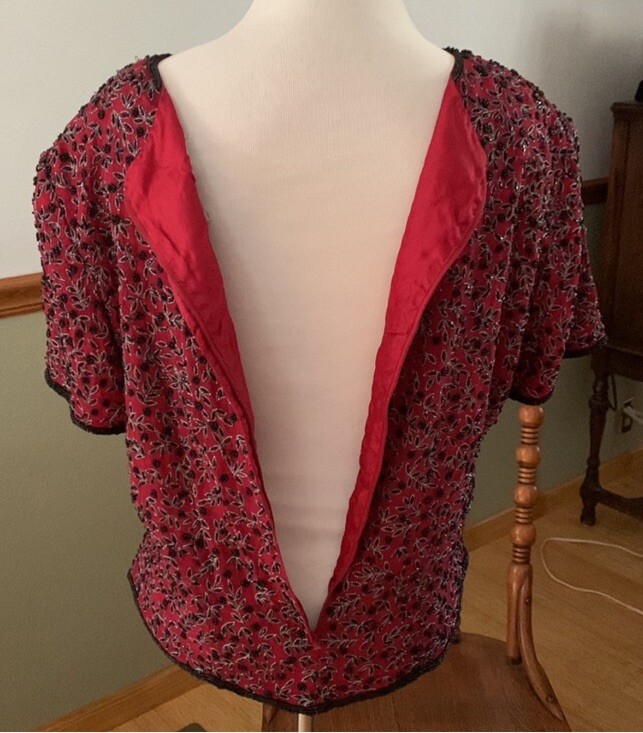 Vintage Adrianna Papell Boutique Evening Red Silk Blouse Beaded XL