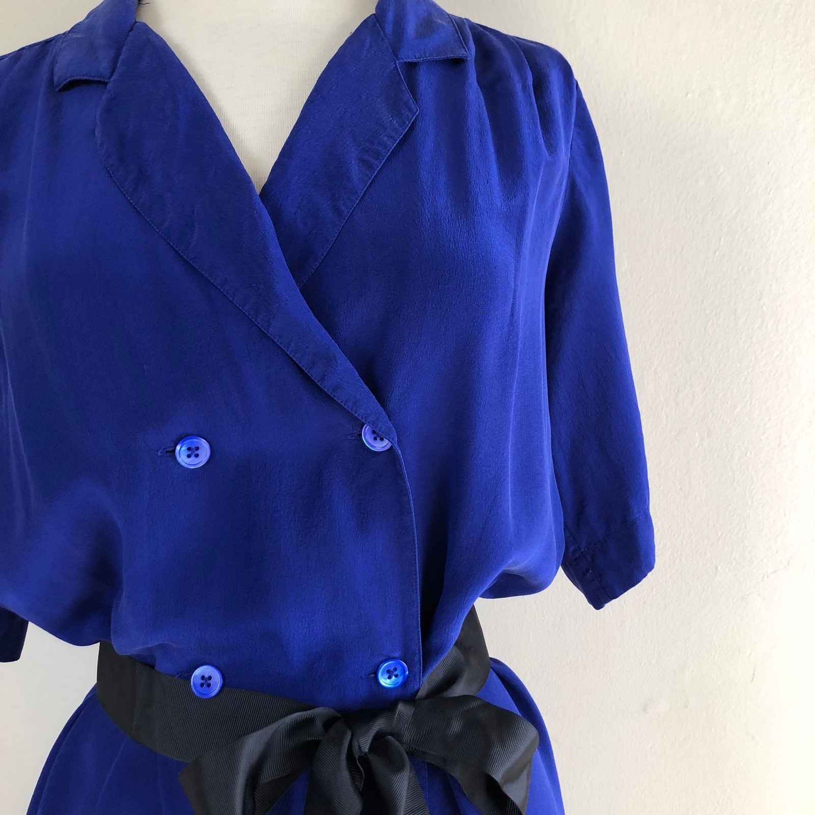 vintage 90s cobalt blue silk shirt dress midi double breasted minimalist