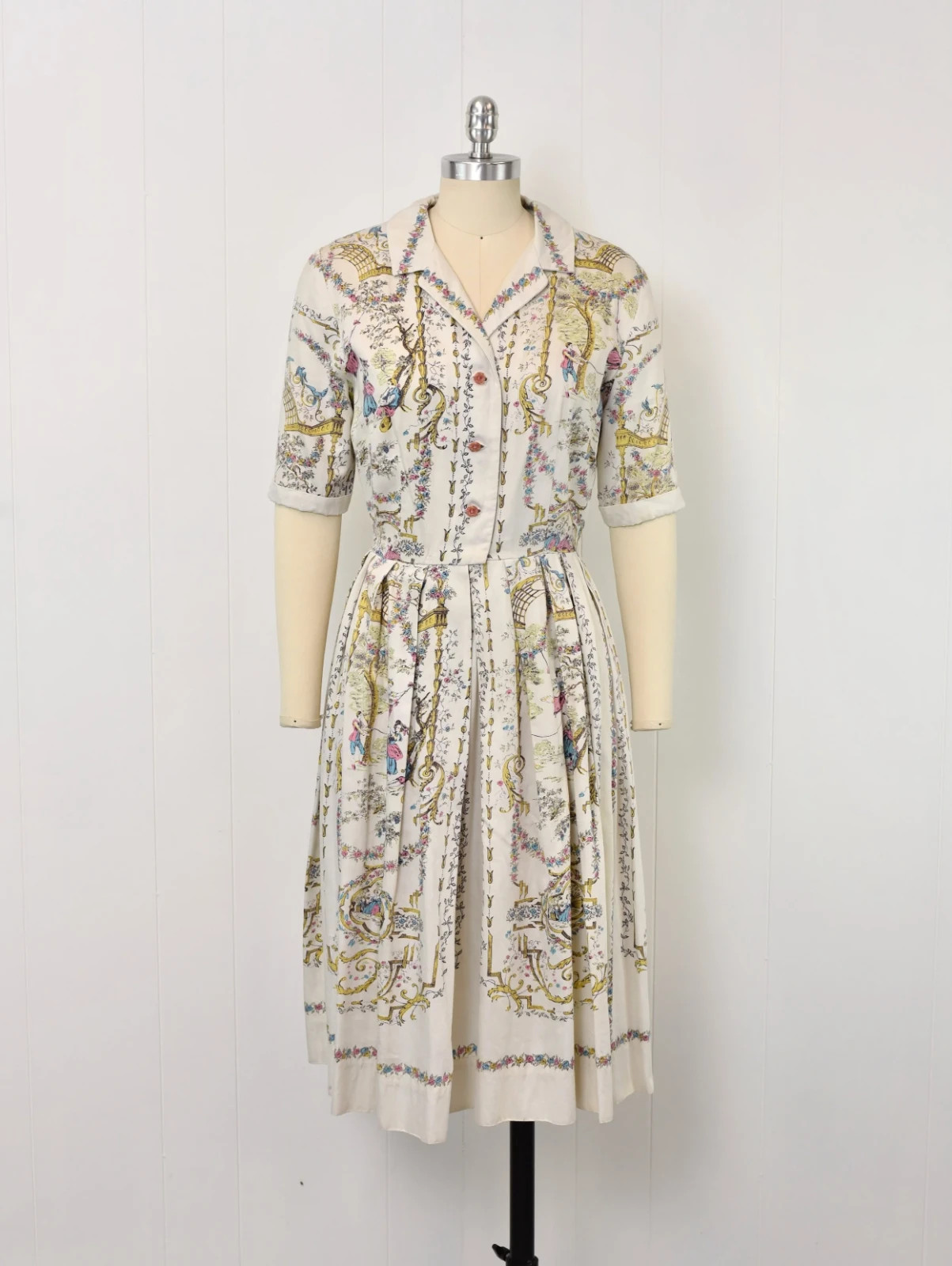 Vintage 1950s Rococo French Provincial Novelty Print Cotton Shirt Dress