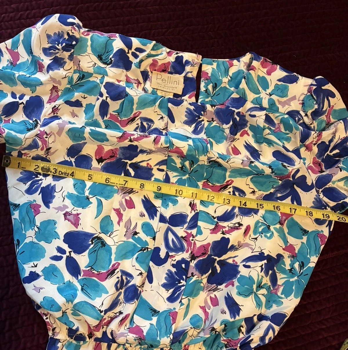 Vintage Lucy Pellini Blue Turquoise White Floral Print Blouson Dress S Vtg 5/6